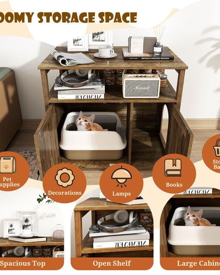Giantex Cat Litter Box Enclosure - Litter Box Hidden Furniture with Barn Door, Inner Divider, Side Entry, Storage Shelf
