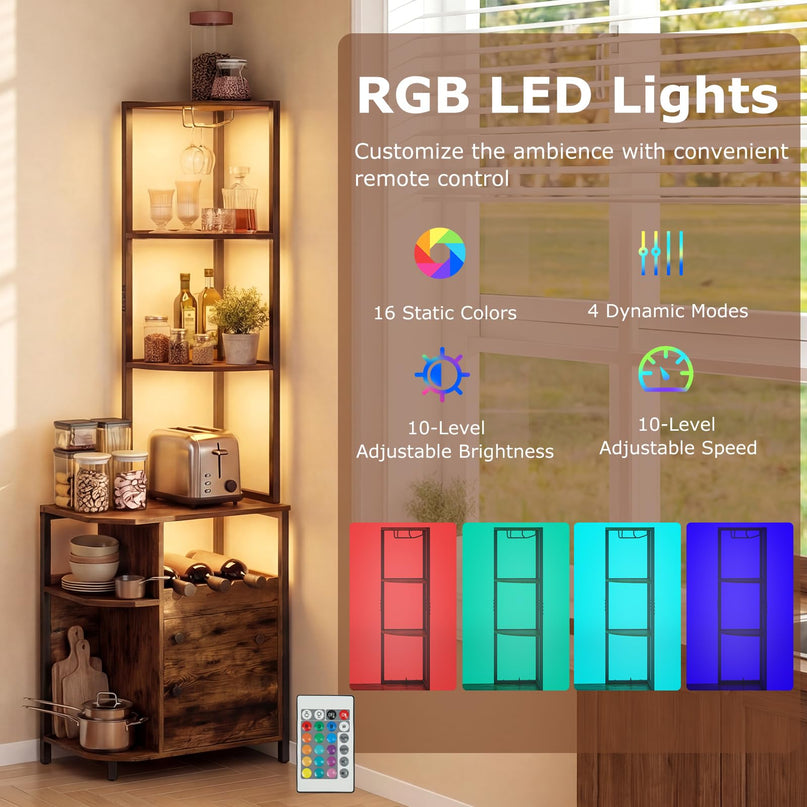 Meuble d'angle de bar Giantex avec prises électriques | Armoire à vin industrielle à 6 niveaux avec bandeau lumineux LED
