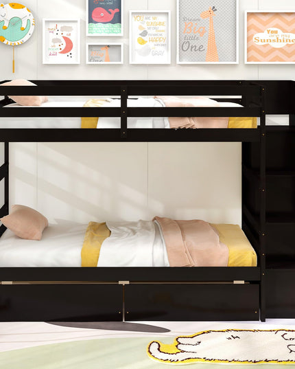 Giantex Bunk Bed Twin Over Twin with Storage Stairs & Drawers, Solid Wood Bunk Bed with Full-Length Guardrails