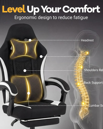 Fauteuil de gaming ergonomique et réglable avec repose-tête, repose-pieds et pivotement à 360°