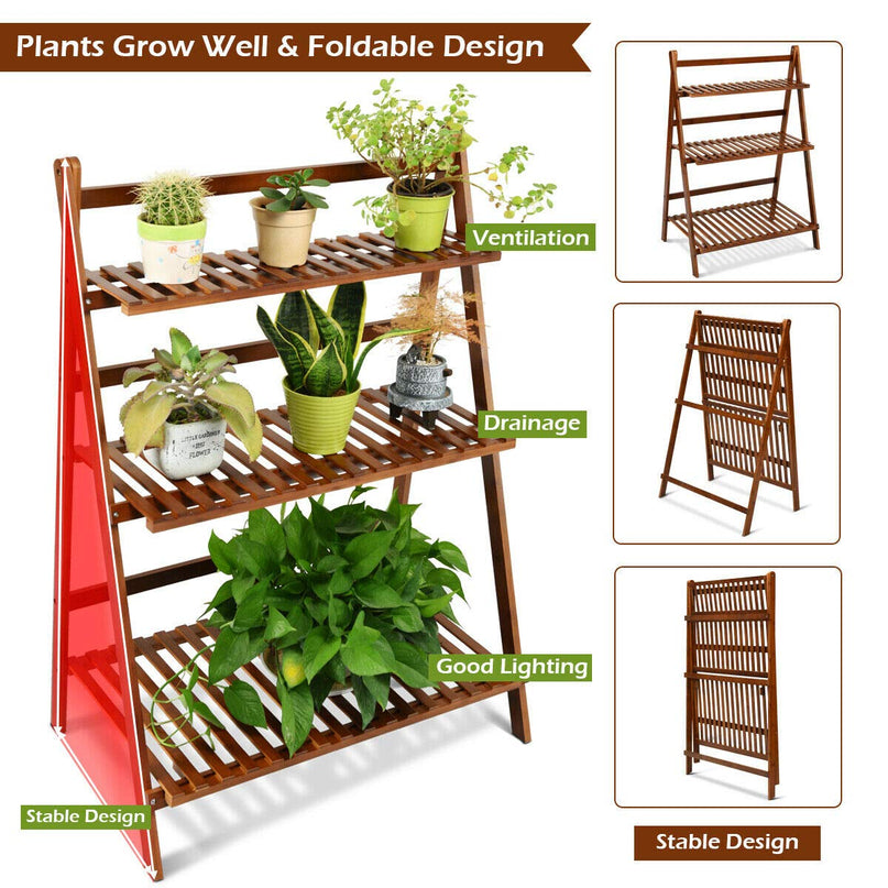 Giantex 3 Tier Folding Storage Shelf, Bamboo Ladder Plant Stand