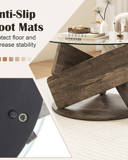 Giantex 32 Inch Modern Center Table with Clear Tempered Glass Top & Solid Wood Legs