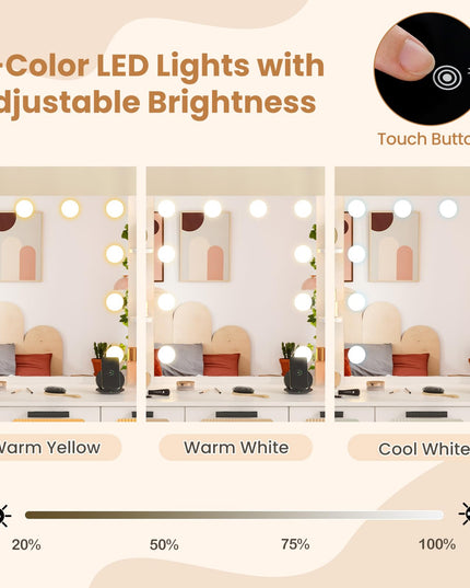 Vanity Desk with Mirror and Lights, White Makeup Vanity Desk with Charging Station