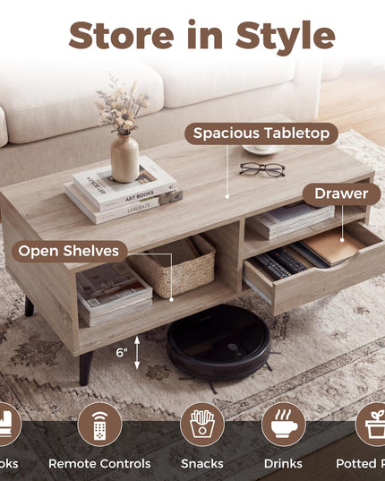 Table basse en bois Giantex avec tiroir de rangement, table de centre rustique de 36,5 pouces