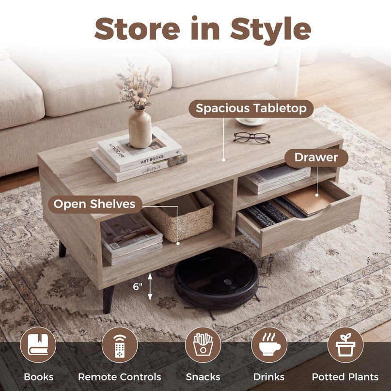 Table basse en bois Giantex avec tiroir de rangement, table de centre rustique de 36,5 pouces