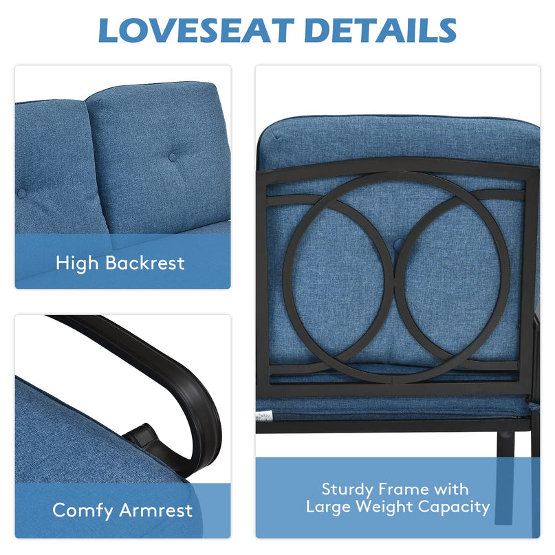 Giantex 2 Pcs Patio Loveseat with Coffee Table Outdoor Bench with Cushion and Metal Frame
