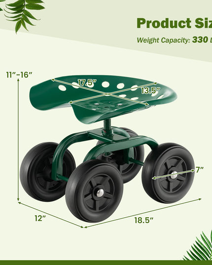 Giantex Garden Cart, Rolling Workseat with 4 Wheels, Garden Stool 360-degree Swivel Work Seat & Adjustable Heigh