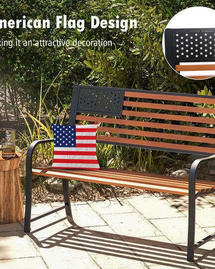 Giantex Outdoor Bench, 2-Person Metal Garden Bench with American Flag Backrest