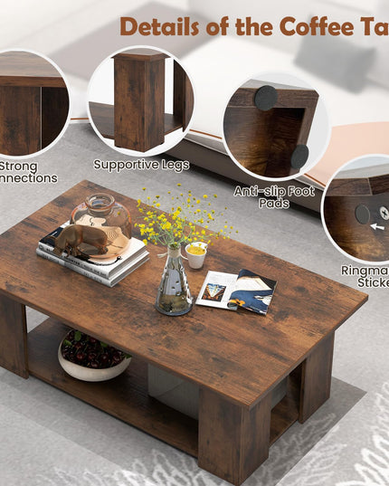 Giantex Rectangle Wood Center Table, 41" L 2-Tier Large Modern Tea Table w/Open Compartment