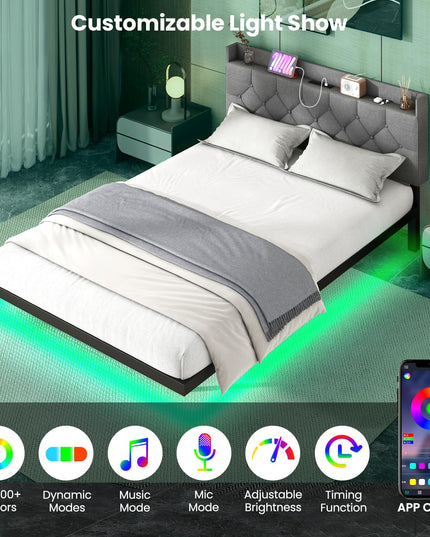 Giantex Floating Bed Frame with LED Lights, Modern Platform Bed with Adjustable Upholstered Headboard & Charging Station