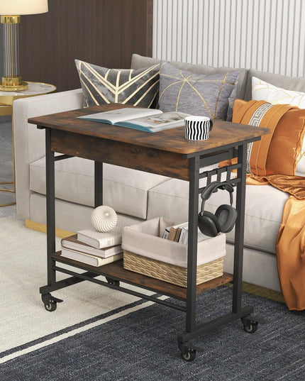Giantex Mobile Computer Desk, Rolling Writing Desk with Keyboard Tray, Shelf & 3 Hanging Hooks, Rustic Brown & Black