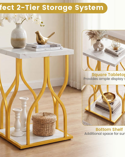 Giantex 2-Tier End Table with Storage Shelf & Gold Petal-Inspired Geometric Metal Frame