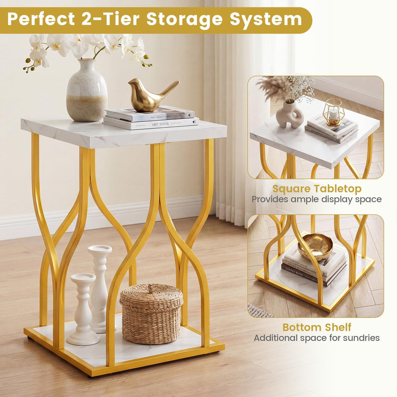 Giantex 2-Tier End Table with Storage Shelf & Gold Petal-Inspired Geometric Metal Frame