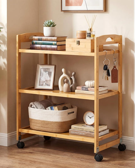Giantex 3-Tier Rolling Storage Cart | Bamboo Utility Cart w/ 3 Side Hooks & Adjustable Shelves