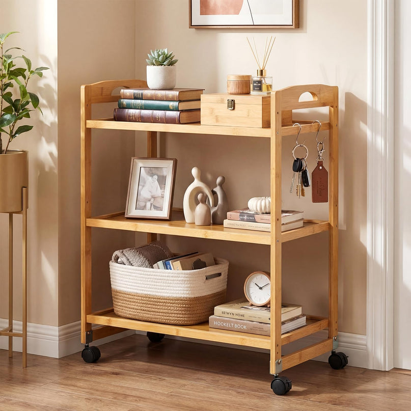 Giantex 3-Tier Rolling Storage Cart | Bamboo Utility Cart w/ 3 Side Hooks & Adjustable Shelves