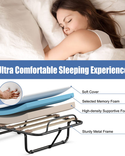 Giantex Folding Bed with Mattress for Adults, 75" x 32" Rollaway Guest Beds w/ 3 Inch Foam Mattress & Sturdy Metal Frame
