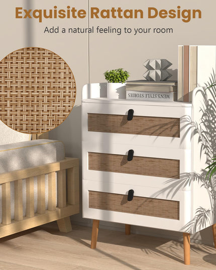 Giantex Rattan Nightstand, Boho 3-Drawer Dresser with 4 Solid Wood Legs
