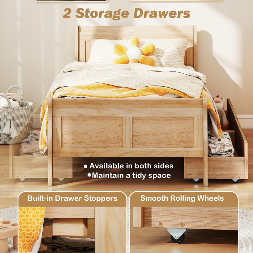 Giantex Twin Bed with 2 Storage Drawers for Kids Teens Adults
