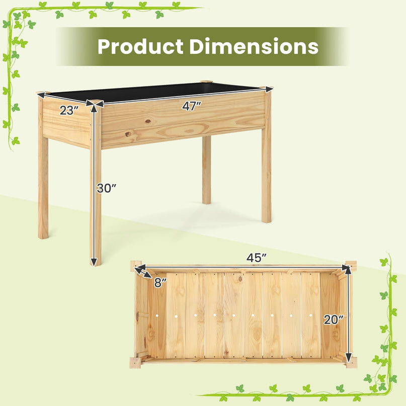 Giantex Raised Garden Bed Elevated Wood Planter Box with Liner（47"x23"x30"）