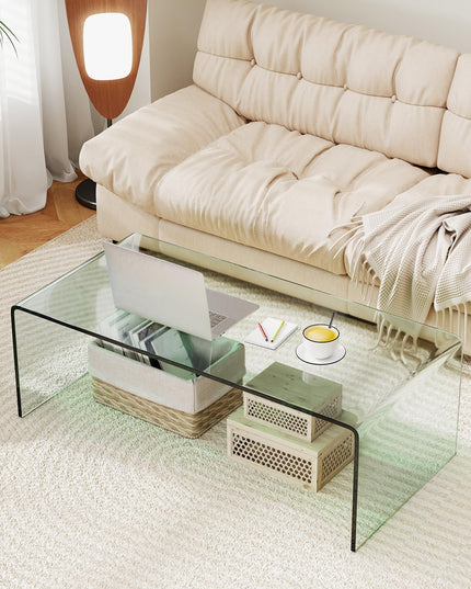 Giantex Glass Coffee Table with Tempered Glass Top & Round Edges