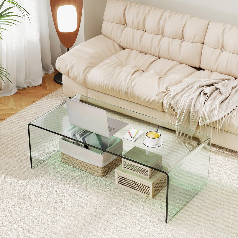 Giantex Glass Coffee Table with Tempered Glass Top & Round Edges