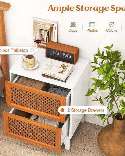 Giantex Rattan Nightstand with Drawers, Natural Rattan End Table, Cane Accent Bedside Table with Solid Wood Legs for Bedroom