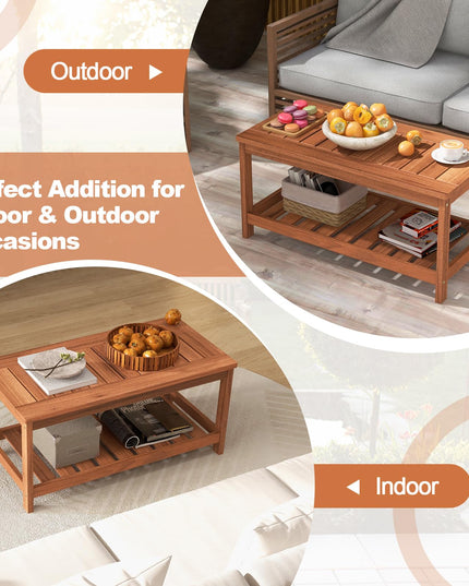 Giantex Hardwood Patio Coffee Table - 2-Tier Wooden Coffee Table