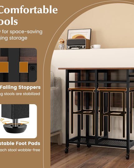 Giantex 3-Piece Foldable Dining Table Set, Extendable Dining Table & 2 Stools Set w/ 6-Bottle Wine Rack