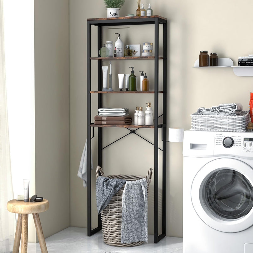 Giantex Over The Toilet Storage Rack, 4-Tier Wooden Bathroom Space Saver w/Metal Frame & 2 Hooks