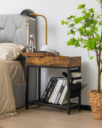 Giantex Set of 2 End Table with Charging Station, Industrial Multifunctional Nightstand