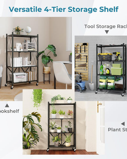Giantex 4-Tier Foldable Storage Shelf, Collapsible Shelving Unit Display with Lockable Wheels