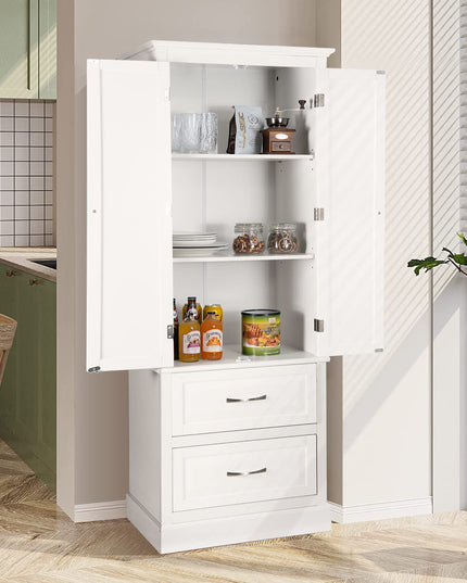 Giantex Kitchen Pantry Cabinet - 62” Floor Storage Cabinet with 2 Large Drawers(White)