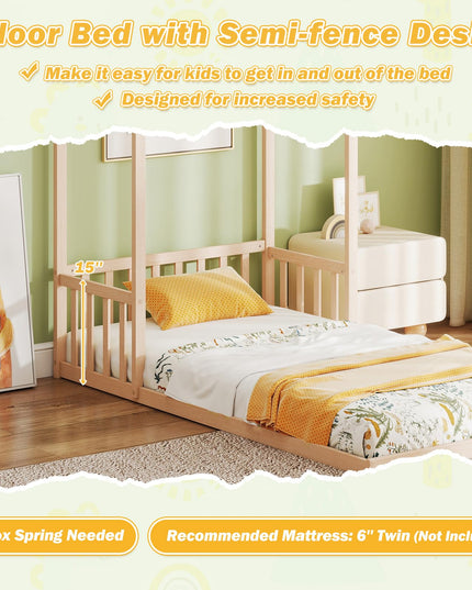 Giantex Twin Size House Bed with House Shape Roof & Semi-Fence