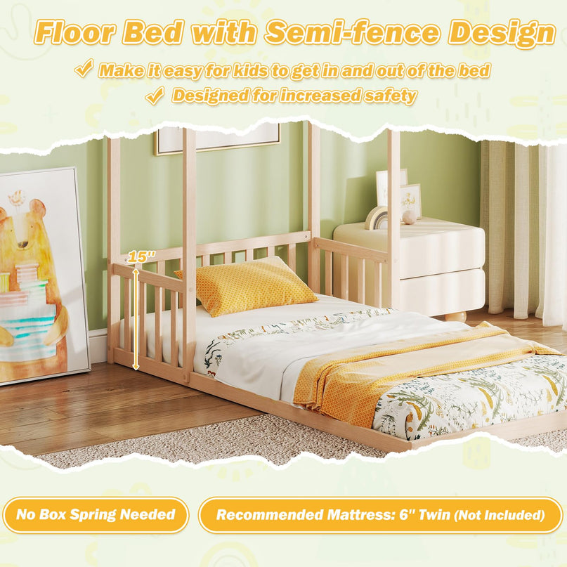 Giantex Twin Size House Bed with House Shape Roof & Semi-Fence