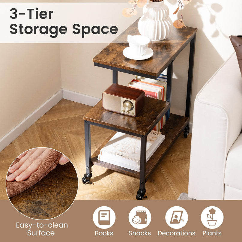 Giantex 3 Tier Side Table with Wheels for Living Room Bedroom Office
