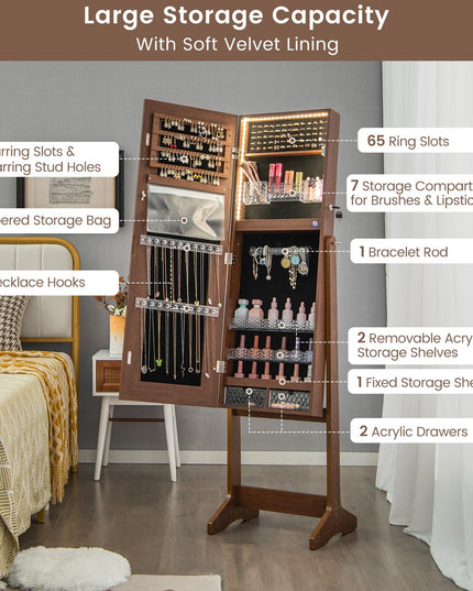 CHARMAID LED Mirror Jewelry Cabinet - Lockable Jewelry Armoire