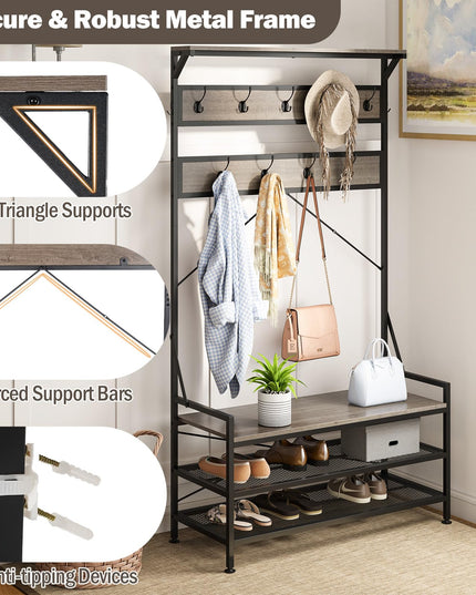 Giantex Freestanding Hall Tree with Shoe Storage Rack and 11 Hanging Hooks