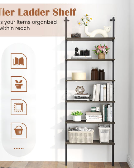 Giantex 6-Tier Ladder Shelf, 72" Wall Mounted Bookshelf with Metal Frame, Industrial Open Storage Shelves