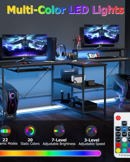 Giantex 94.5” 2 Person Desk with LED Lights, Long PC Study Desk with Storage Shelves, Power Outlets