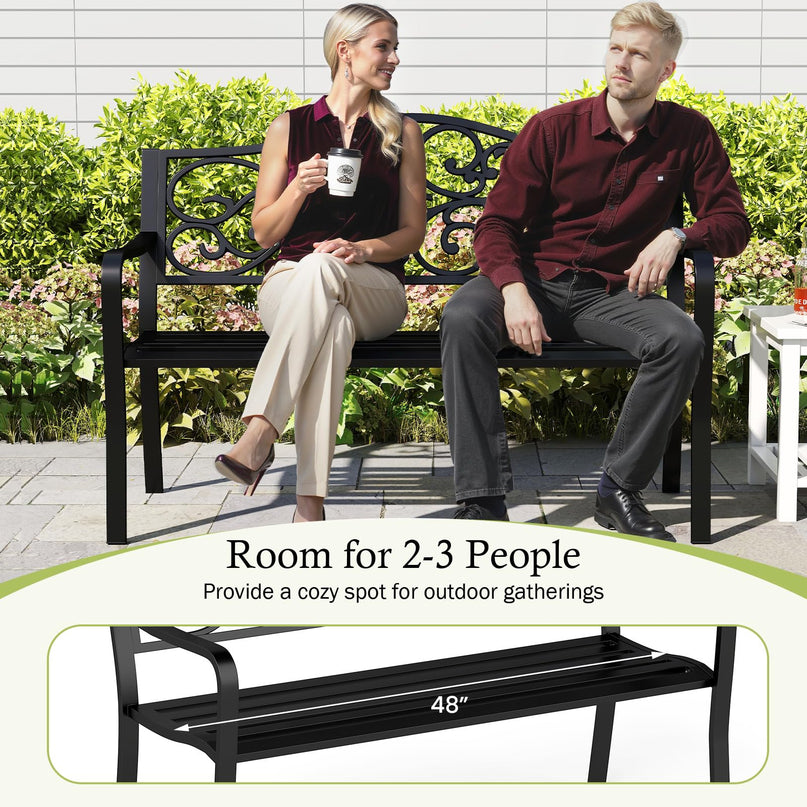 Giantex Outdoor Bench with Floral Pattern Ergonomic Backrest & Slatted Surface