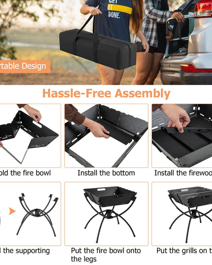 Giantex Folding Campfire Grill, Camping Fire Pit with Stainless Steel Grates, Collapsible Aluminum Legs, Carry Bag