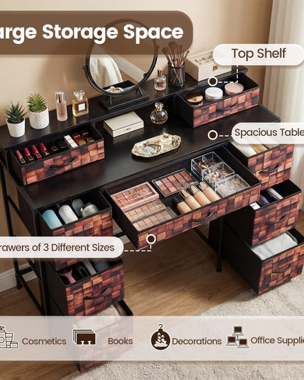 CHARMAID Industrial Vanity Desk with 9 Fabric Drawers & Top Storage Shelf