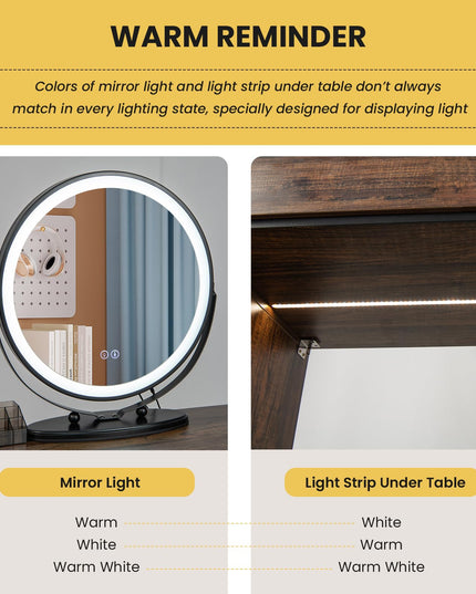 CHARMAID Makeup Vanity Table with Lights, Vanity Desk with 3 Color Lighted Mirror, Rustic Brown