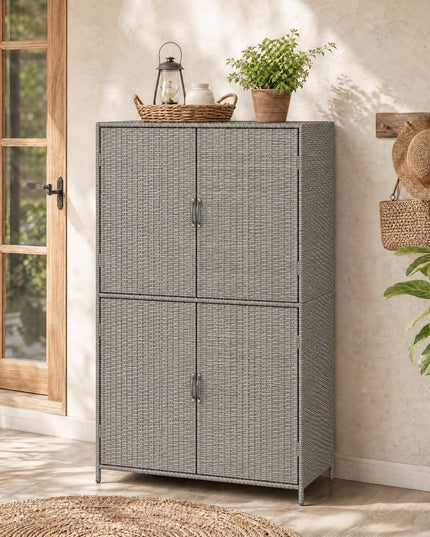 GIANTEX 4-Door PE Rattan Outdoor Storage Cabinet w/ Adjustable Shelves & Anti-Toppling Device