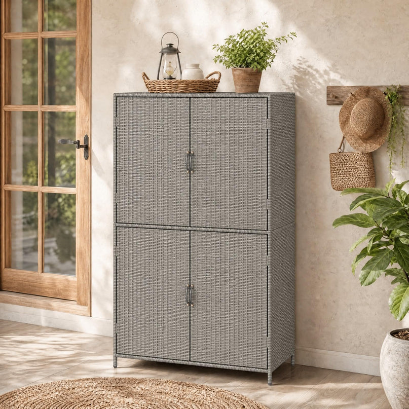 GIANTEX 4-Door PE Rattan Outdoor Storage Cabinet w/ Adjustable Shelves & Anti-Toppling Device