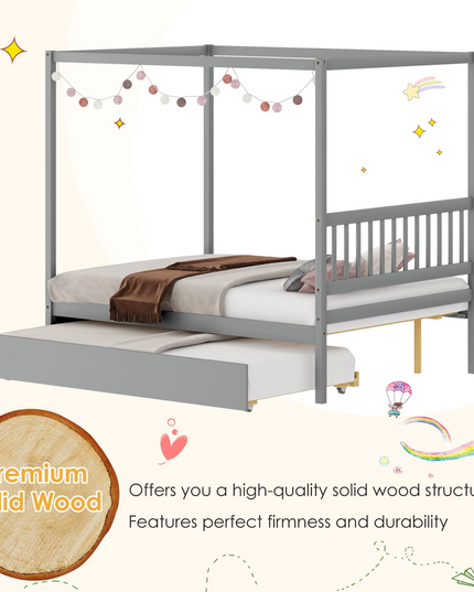 Giantex Canopy Bed w/ Trundle, Full Size Kids Solid Wood Platform Bed Frame