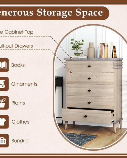 Giantex 5-Drawer Storage Cabinet with Rubber Wood Legs and Anti-Tipping Kit
