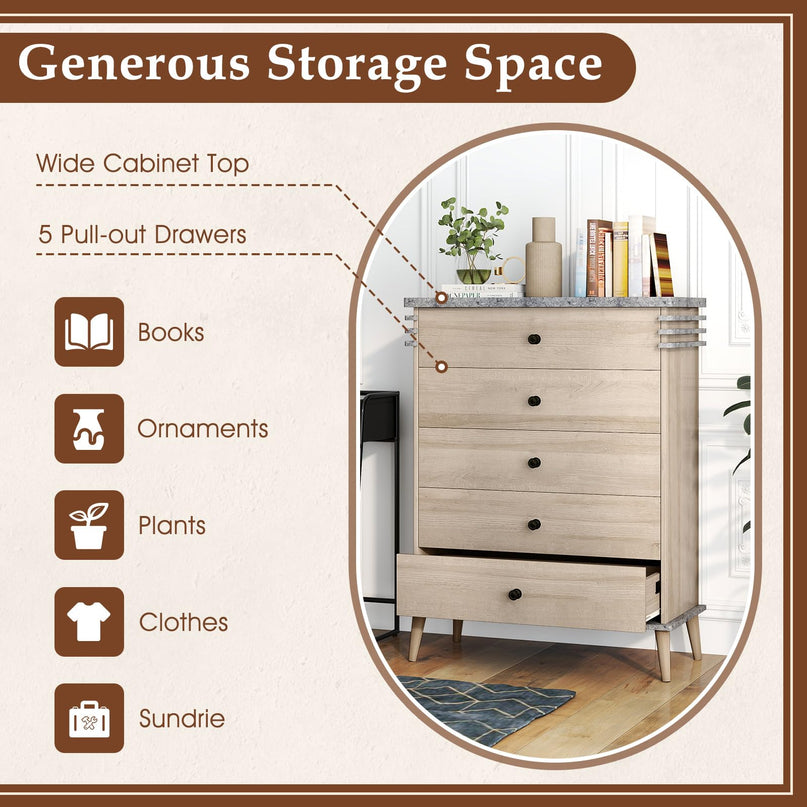 Giantex 5-Drawer Storage Cabinet with Rubber Wood Legs and Anti-Tipping Kit