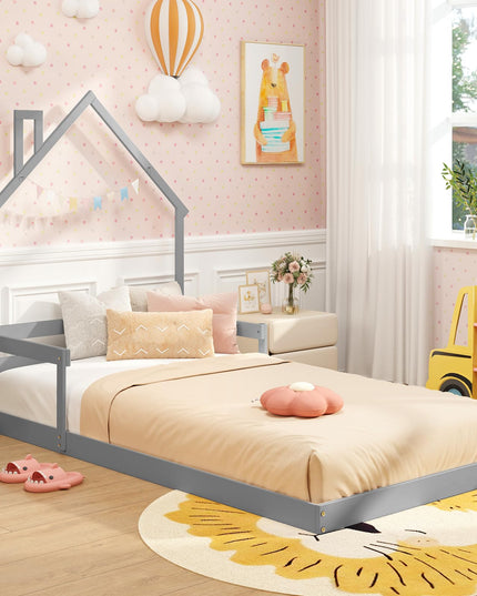 Giantex Twin Floor Bed for Kids, Wood Montessori Floor Bed with Chimney Headboard & Handrail