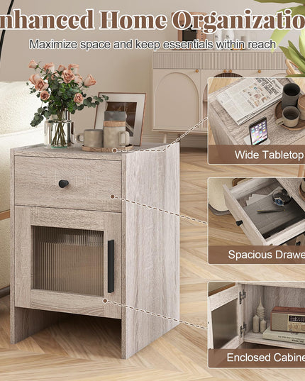 Giantex Farmhouse 16 Inch Rustic End Table with Wavy PC Door and Drawer